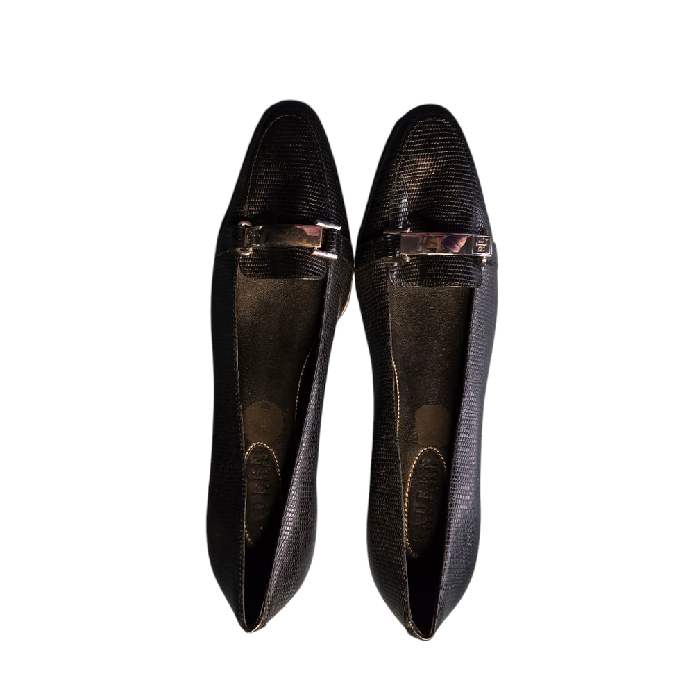 Lauren Ralph Lauren Megan Black Leather Snack Pattern Kitten Heels Size 8.5B